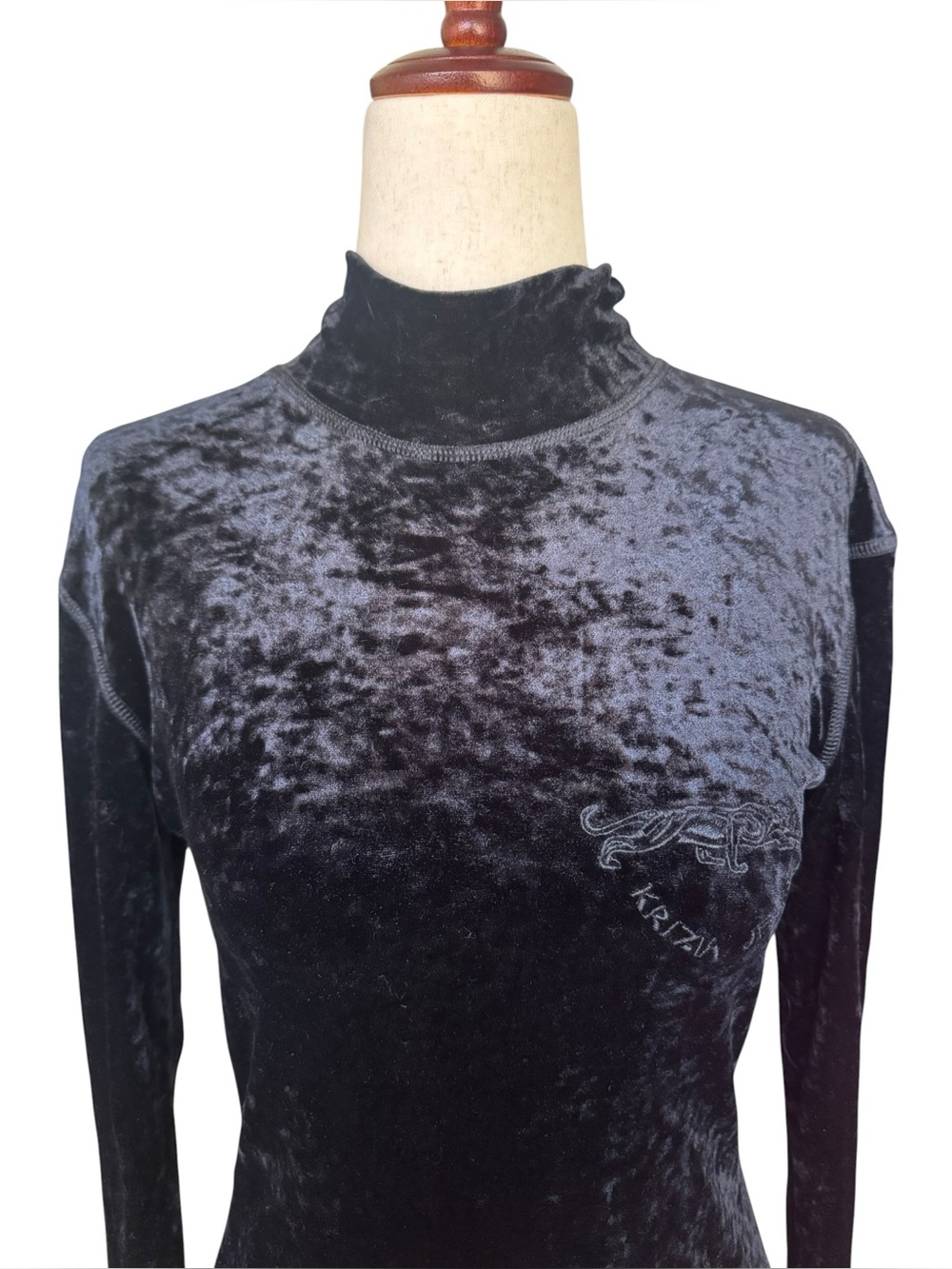 Vintage 90s Krizia Jeans Black Velour Mock Neck Long Sleeve Top Large
